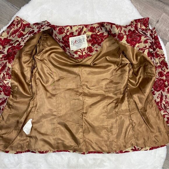 Vintage BASSET Floral Brocade Hip Jacket Button Front Gold Red 38 Petite Small - Picture 8 of 12